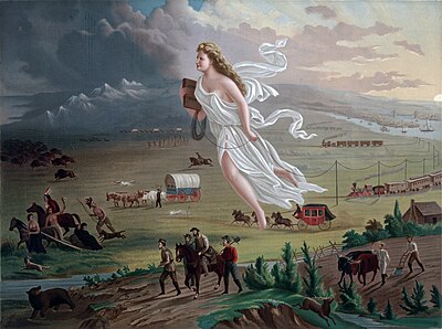 Marcha para o Oeste - Na obra, percebe-se que a mulher loira está guiando a civilização estadunidense. Além disso, o progresso americano (nome da obra) é retratado com base na descoberta de novos territórios com a expansão